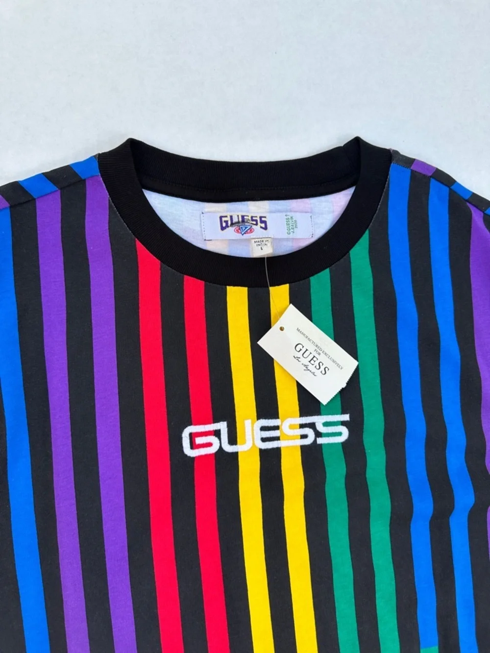 New GUESS Multicolor Vertical Stripe Logo Tee - Black Trim SZ L - Picture 5 of 6